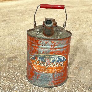Vintage Delphos Steel 1 Gallon Gas Can w/ Original Stickers Patina Worn No Lid